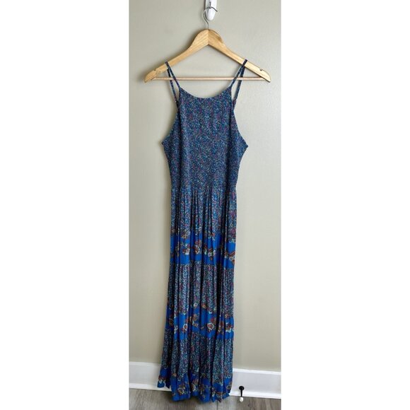 Angie Maxi Dress Sz Lg Blue Floral SBoho Gathered Sundress Sleeveless Strappy - Picture 1 of 9